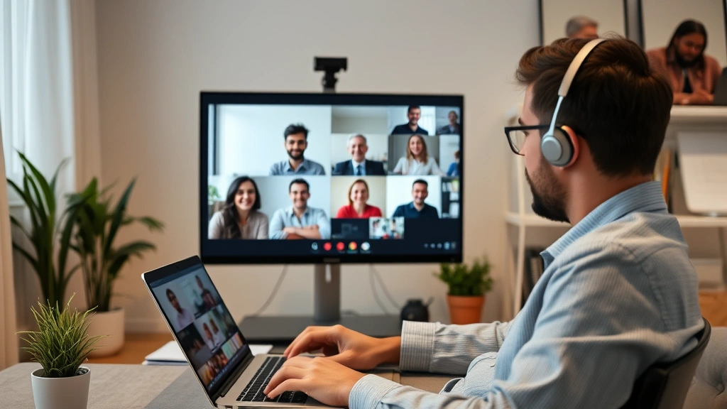Professional in comfortable home environment during video conference call with colleagues showing remote work communication