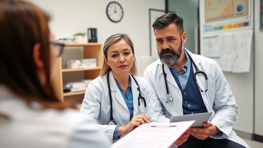 Healthcare provider in white coat having a consultation with a patient in a medical office, reviewing paperwork and discussin