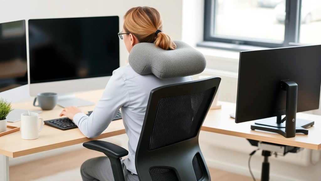 Office worker at ergonomic workstation with lumbar support pillow, adjustable desk height, and supportive chair demonstrating