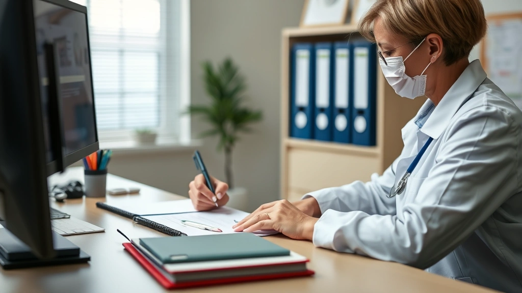 Healthcare provider writing light duty restrictions at desk with medical notes and employee file visible