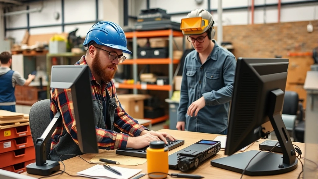 Injured worker performing modified task at workplace with proper ergonomic setup and supervisor observing