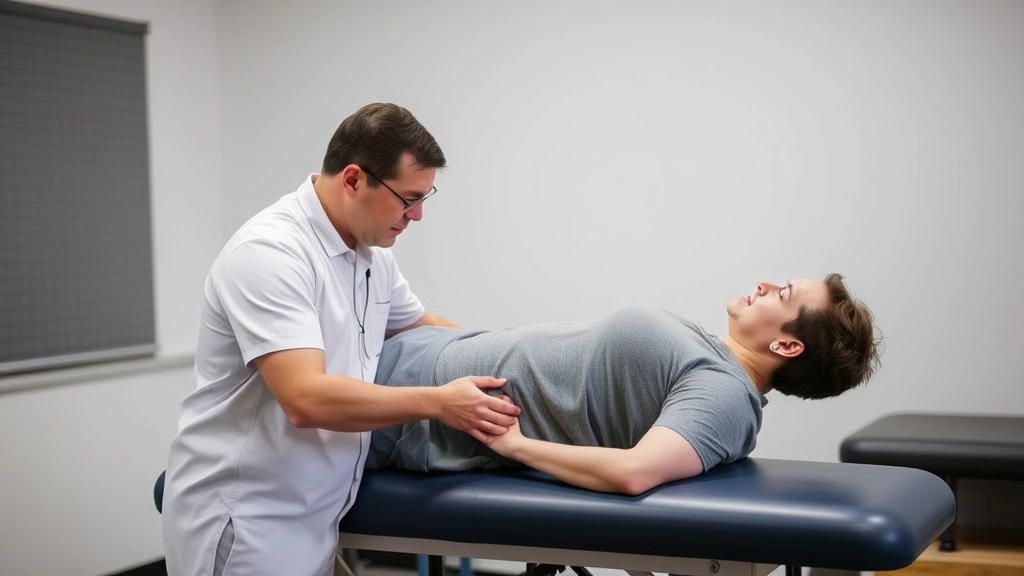 Physical therapist conducting functional capacity evaluation measuring patient lifting ability safely