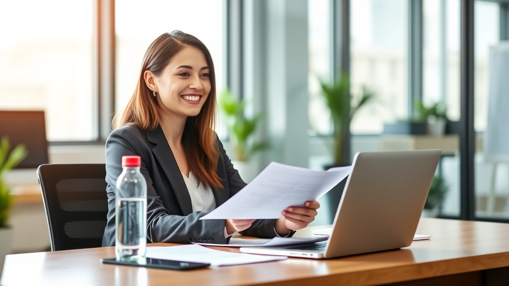 Professional woman at desk with laptop and water bottle, smiling while reviewing documents in bright office setting