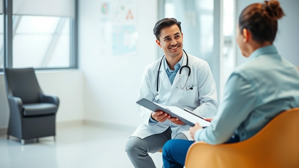 Healthcare provider in white coat sitting across from patient during consultation, both looking at clipboard in calm clinical