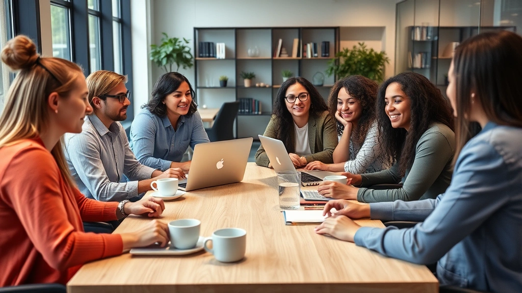 Diverse team in modern office collaborating around table with coffee cups, laptops, and notebooks in relaxed professional atm