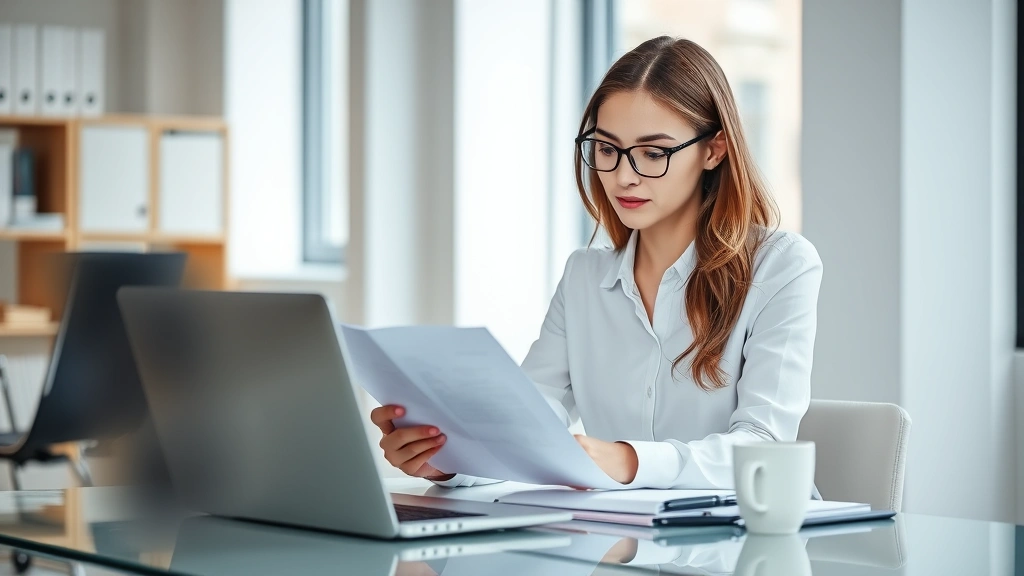 Professional woman reviewing documents at desk with laptop and coffee, natural office lighting, focused expression, modern wo