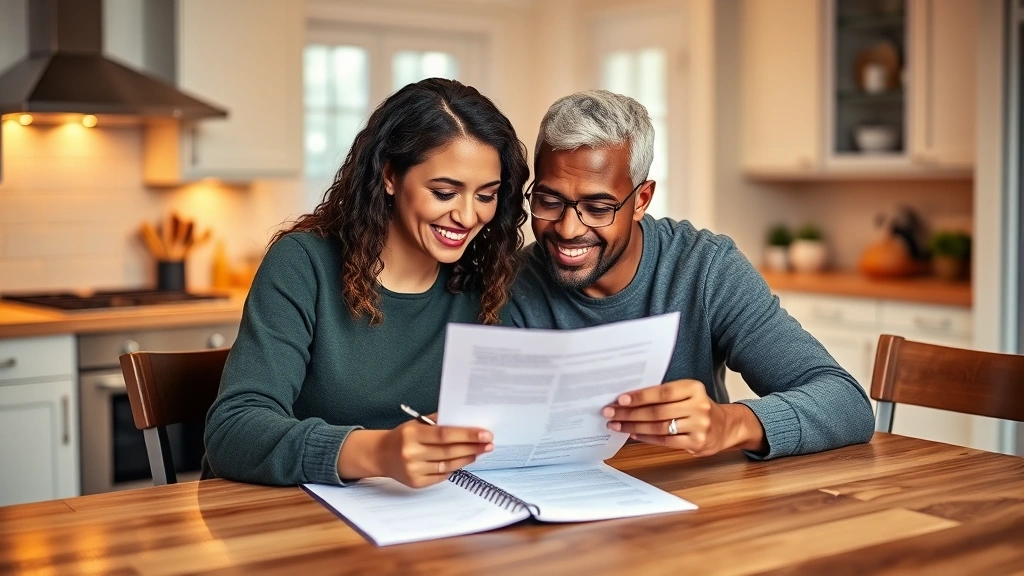 Diverse couple reviewing apartment lease agreement together at kitchen table, warm home setting, document and pen visible, co