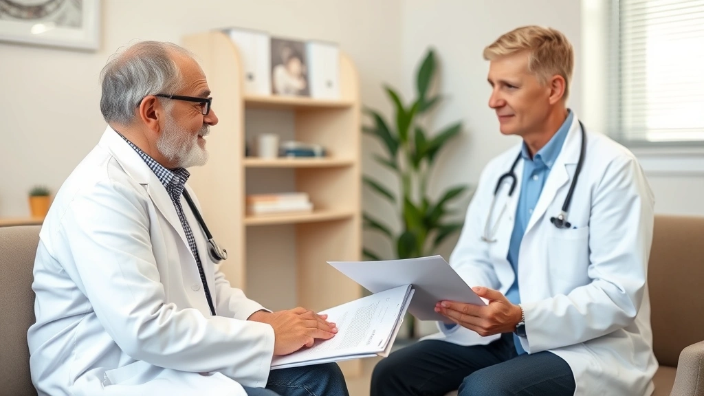 Healthcare provider in white coat discussing medical documentation with patient in office setting, supportive conversation, p