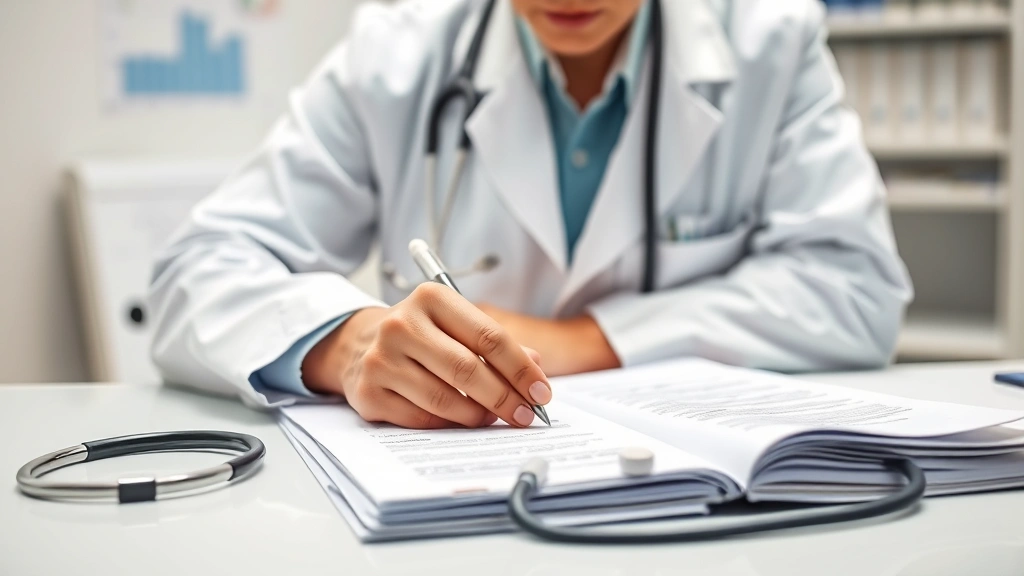 Professional healthcare provider in white coat reviewing medical documents at desk with stethoscope visible