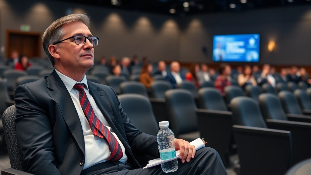 Person in business attire sitting in modern courtroom gallery with accessible seating arrangement and water bottle