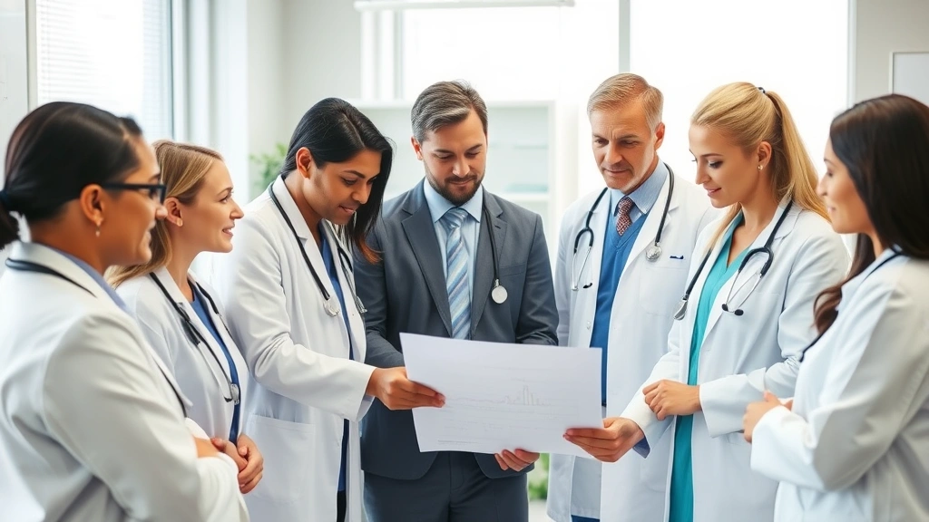 Diverse group of medical professionals collaborating around patient chart in bright clinical office setting