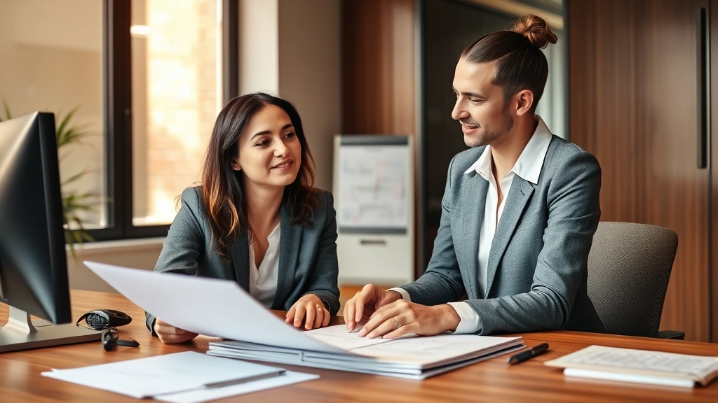 Professional woman in office meeting with HR representative discussing documents on desk, warm lighting, supportive environme