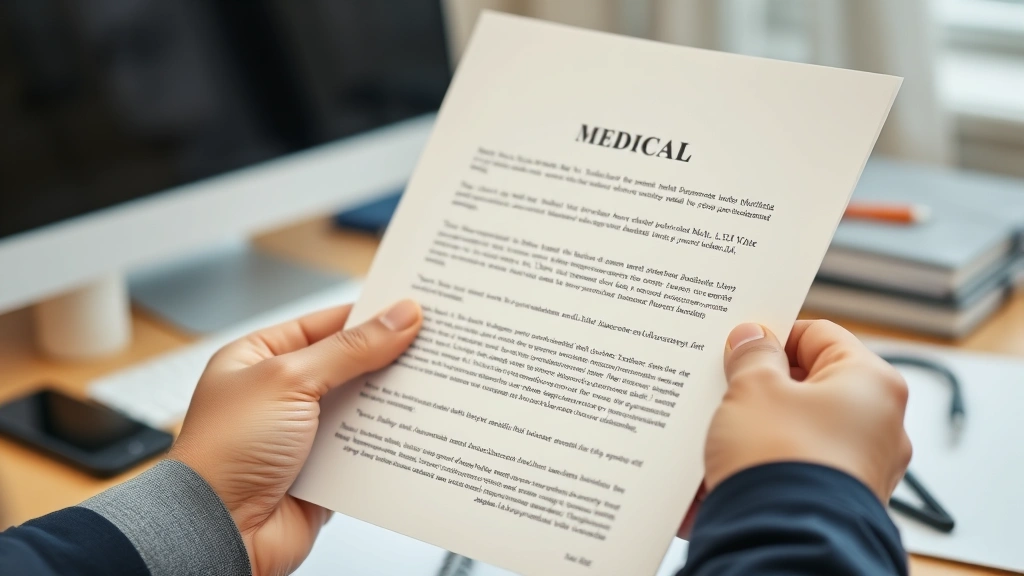 Close-up of hands holding medical documentation letter on desk with computer in background, professional setting