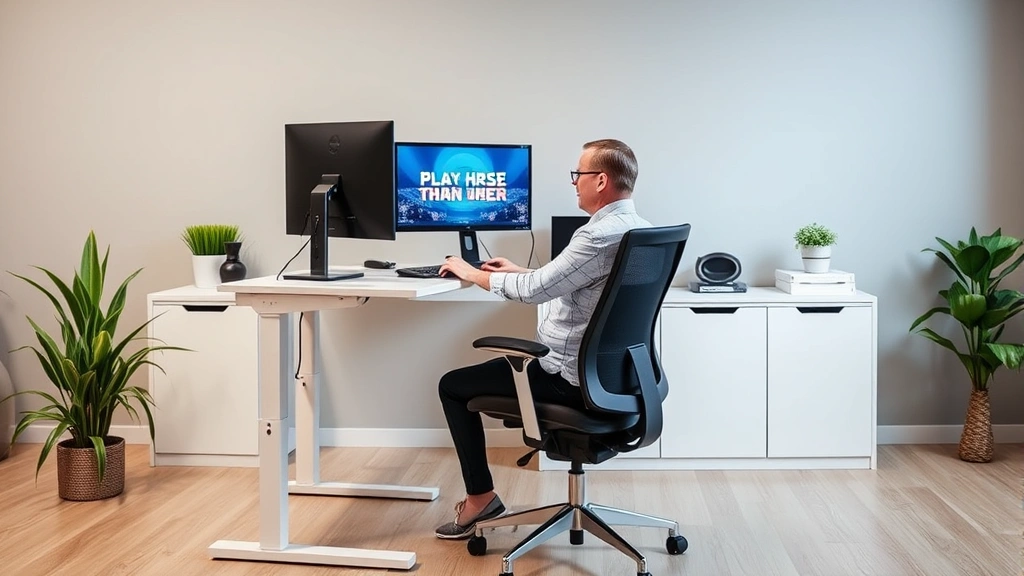 Diverse employee working comfortably at ergonomic desk setup with standing desk converter and proper chair support