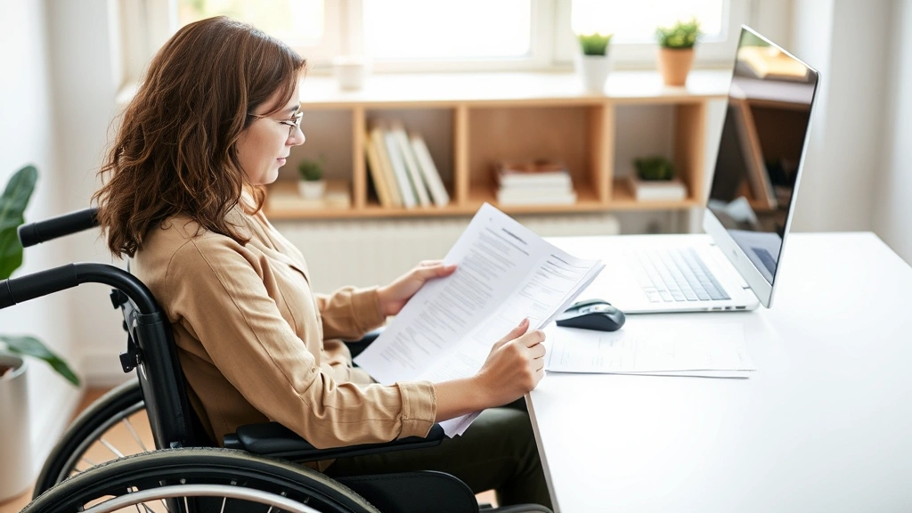 Professional woman in wheelchair reviewing documents at home desk with accessible housing features visible