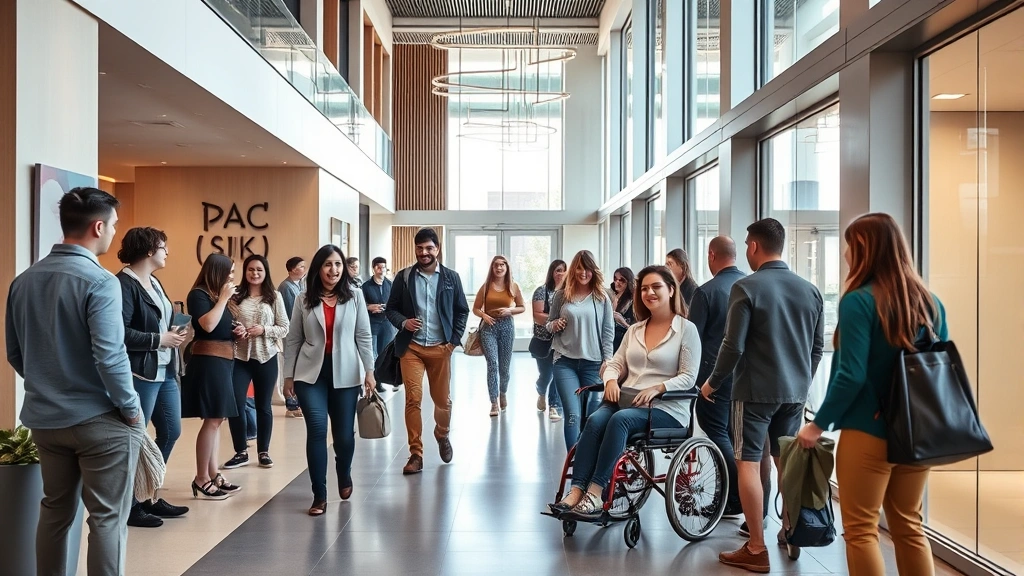 Diverse group of people in modern apartment building lobby with accessible design elements and welcoming atmosphere
