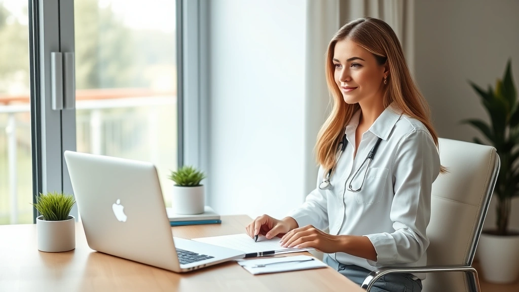 Professional woman sitting at home desk with laptop and medical documents, natural lighting from window, calm workspace envir