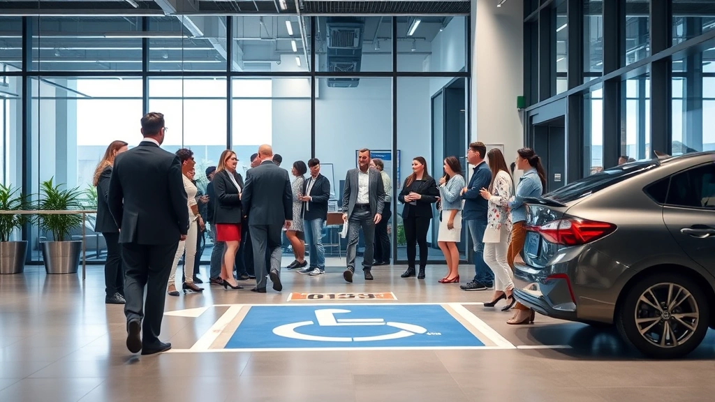 Diverse group of people in modern office building lobby, one person using accessible parking space, accessible entrance visib