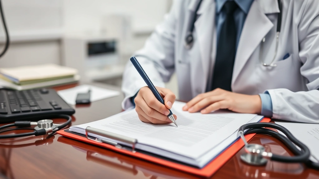 Healthcare provider writing notes at desk with patient file, professional medical office setting, stethoscope and medical equ