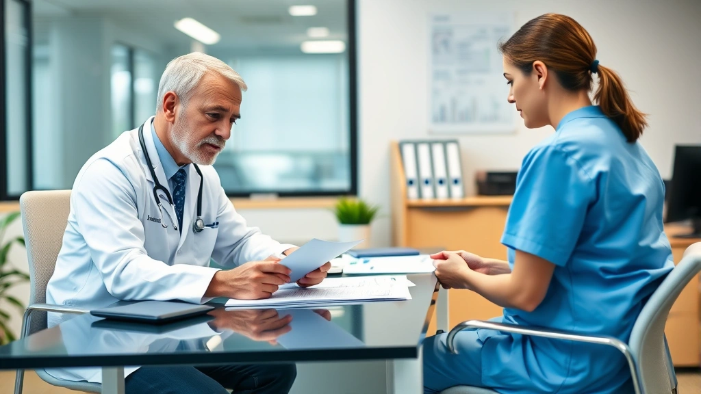healthcare provider in professional office reviewing medical documents with patient at desk