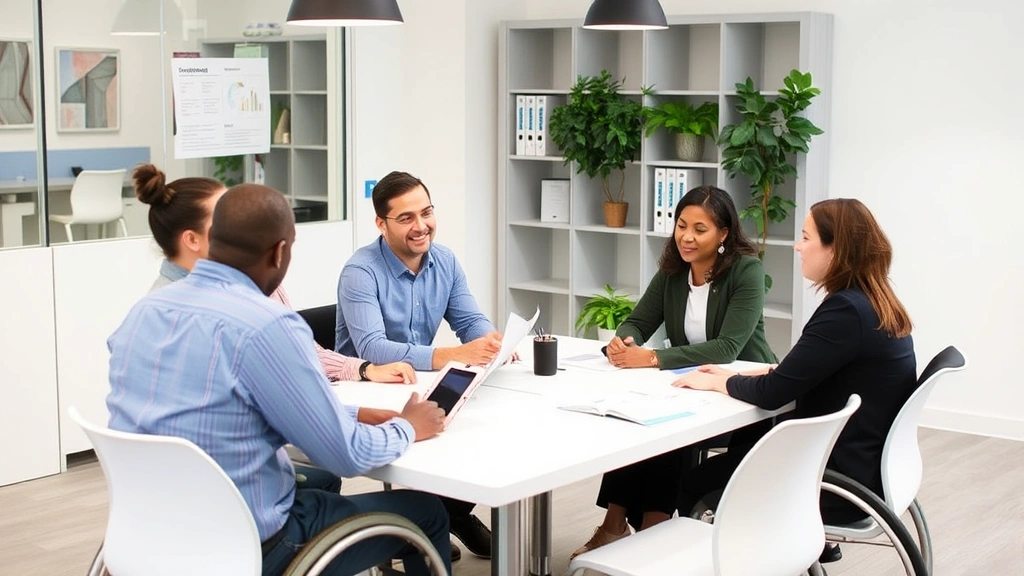 diverse group of professionals in collaborative meeting discussing accessibility and workplace accommodations