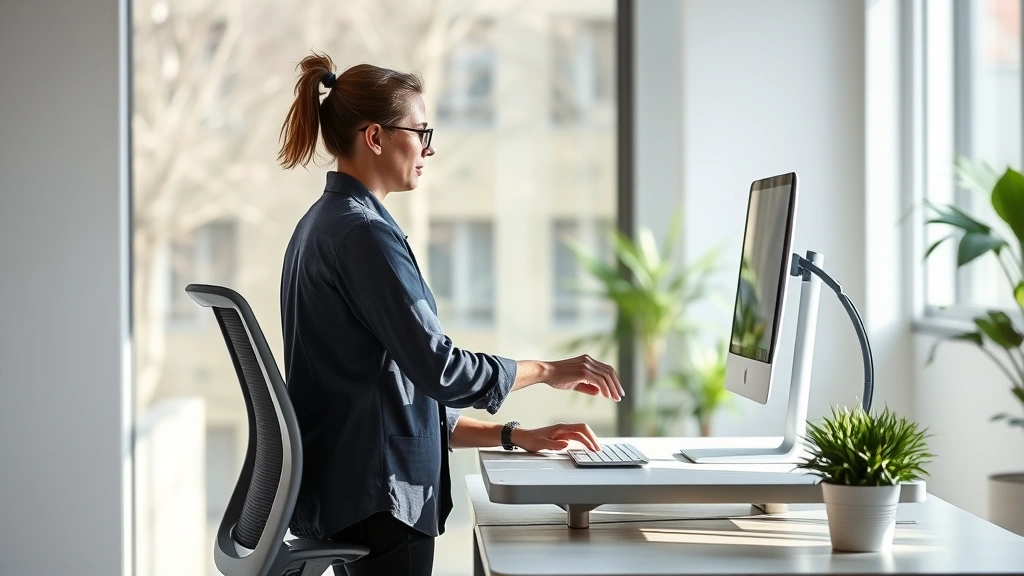 person working at ergonomic desk setup with standing option in bright natural light office environment