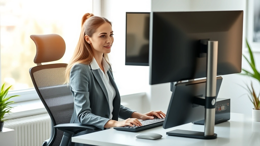 Professional woman in business attire sitting at ergonomic desk with adjustable monitor and keyboard, natural lighting from w