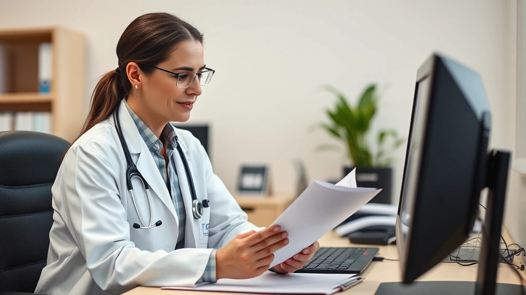 Healthcare provider in white coat reviewing medical documents at desk with computer, professional office setting, focused exp