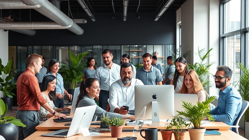 Diverse group of employees in modern office setting, some at desks, some standing, collaborative workspace with natural light