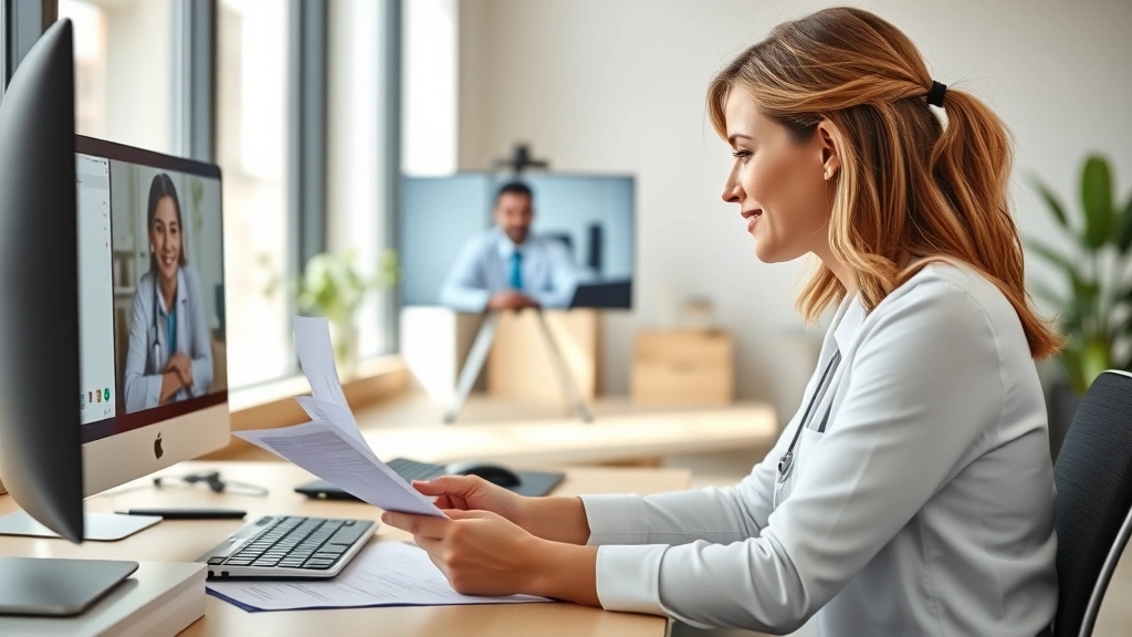 Professional woman at desk reviewing documents with healthcare provider on video call, modern office background, natural ligh