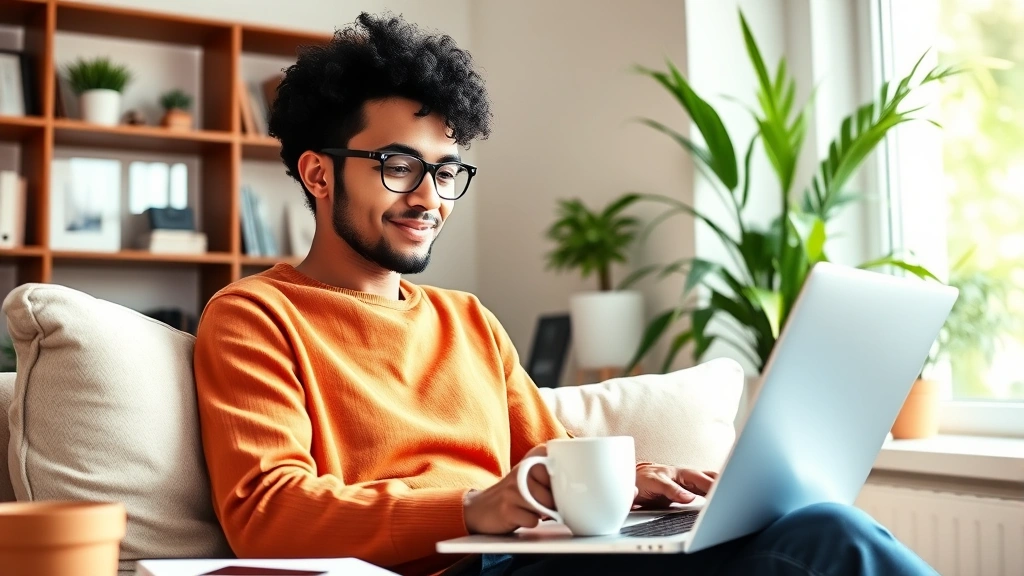 Diverse employee working from home on laptop with coffee cup, comfortable home office setup, natural window light, relaxed fo