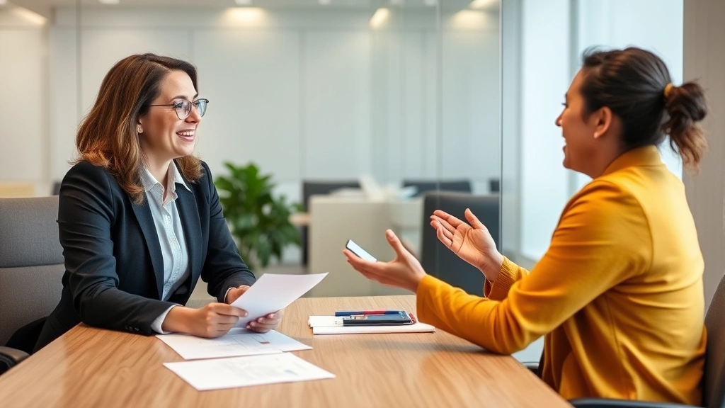 HR manager and employee having constructive conversation in office meeting room, both smiling, paperwork on table, collaborat