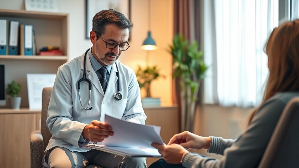Healthcare provider in professional office reviewing medical documents with patient, warm lighting, focused discussion