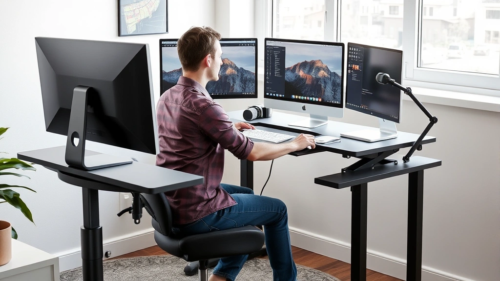 Employee working at ergonomic desk setup with standing desk converter, proper monitor height, supportive chair, natural light