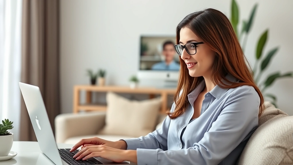 Professional woman in video conference call on laptop, home office background, comfortable environment, relaxed posture
