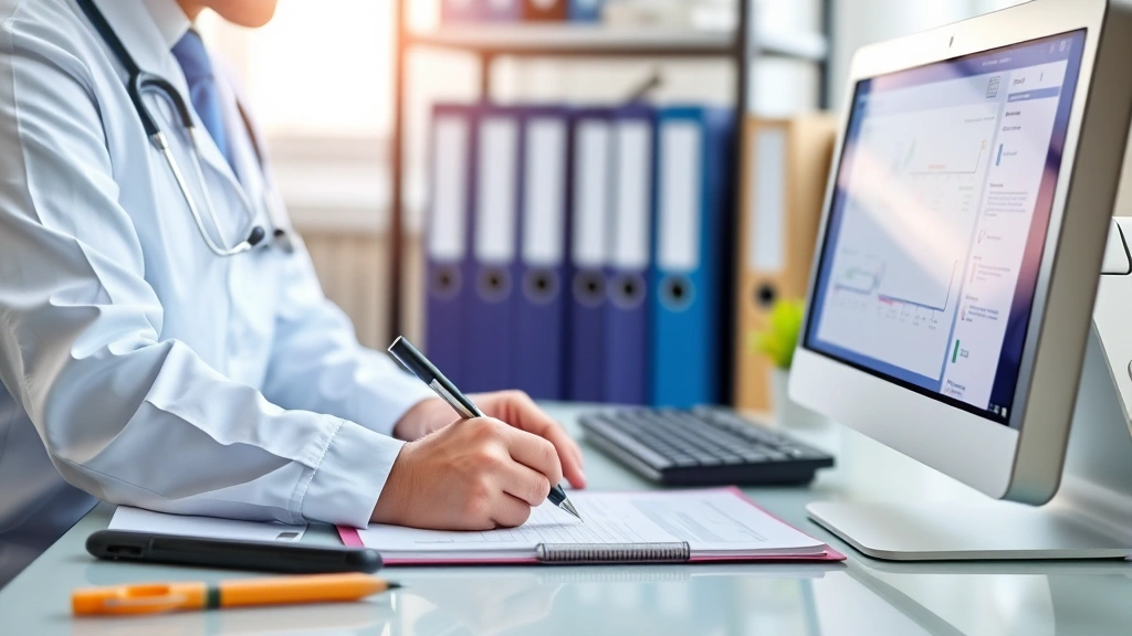 Professional healthcare provider writing medical documentation at desk with computer and patient file