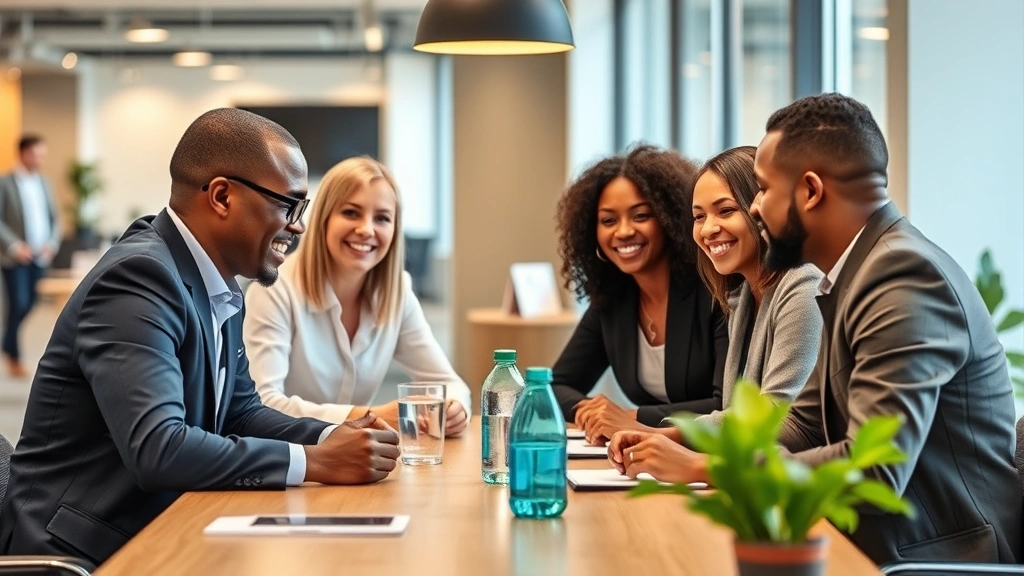 Diverse professional employees collaborating at table in modern inclusive workplace office environment