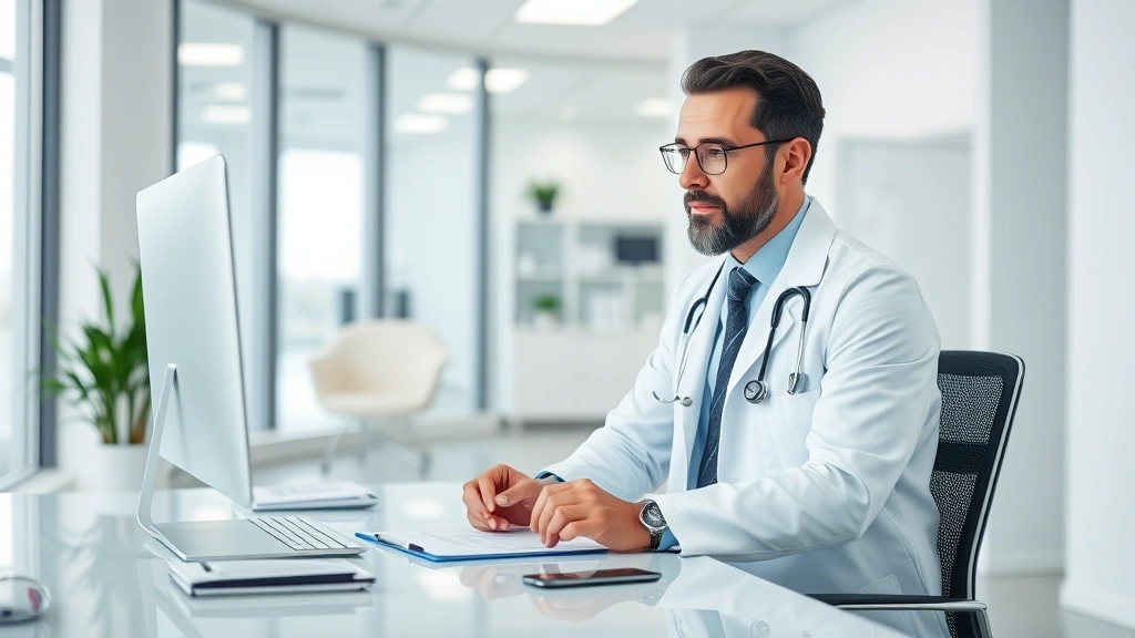 Professional doctor in white coat sitting at desk reviewing medical documents in bright modern clinic office