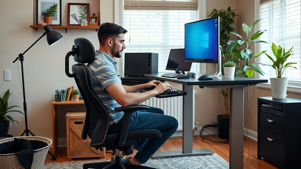 Employee working remotely at home office setup with ergonomic chair and adjustable standing desk