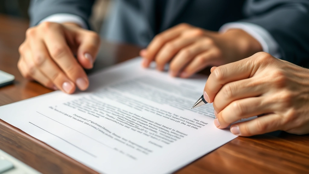 Close-up of hands reviewing formal letter document with professional letterhead and signature on desk