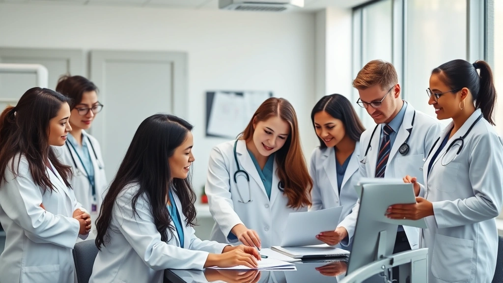 Diverse group of healthcare professionals in modern medical office, wearing white coats, reviewing documents at desk, collabo