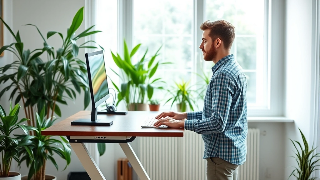 Person in comfortable home workspace with standing desk converter, plants in background, relaxed posture, natural lighting, p