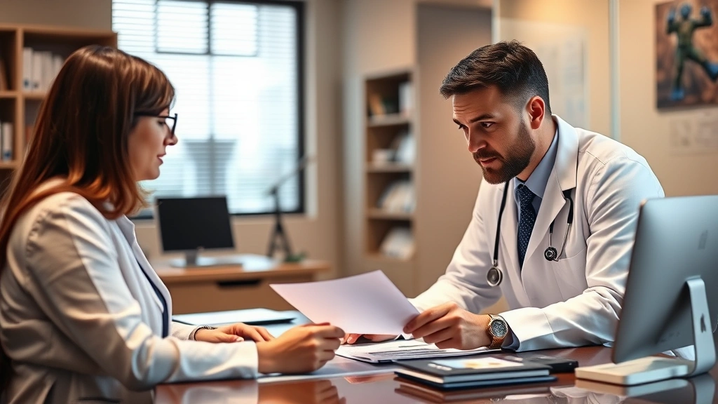 Professional doctor in white coat reviewing medical documents at desk with employee in office setting, warm lighting, focused