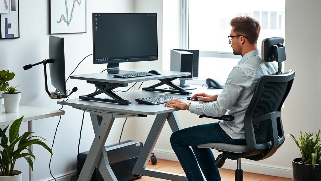 Diverse employee working comfortably at ergonomic desk setup with standing desk converter, supportive chair, and monitor at e