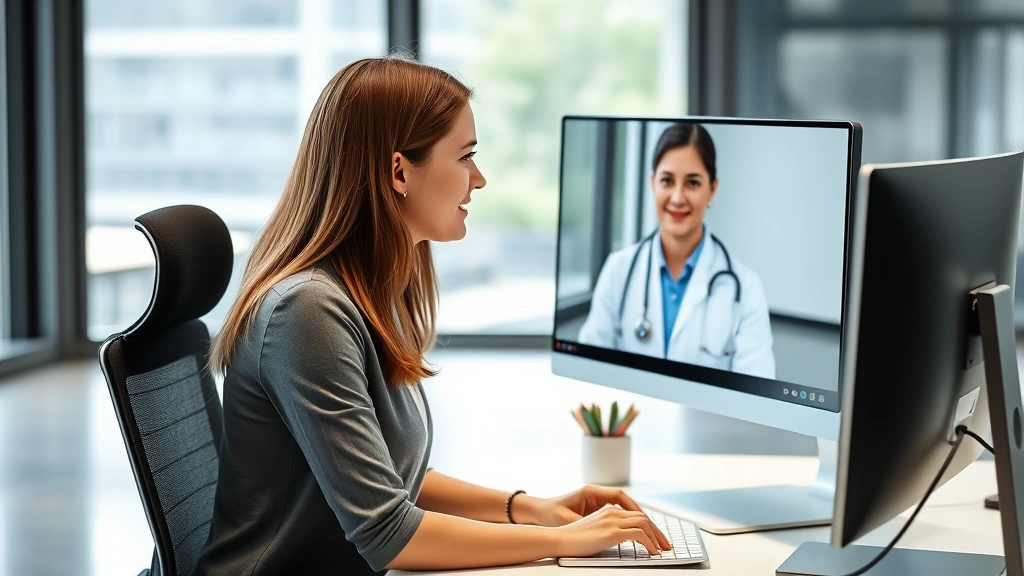 Professional woman at desk speaking with healthcare provider via video call on computer screen, modern office background, nat