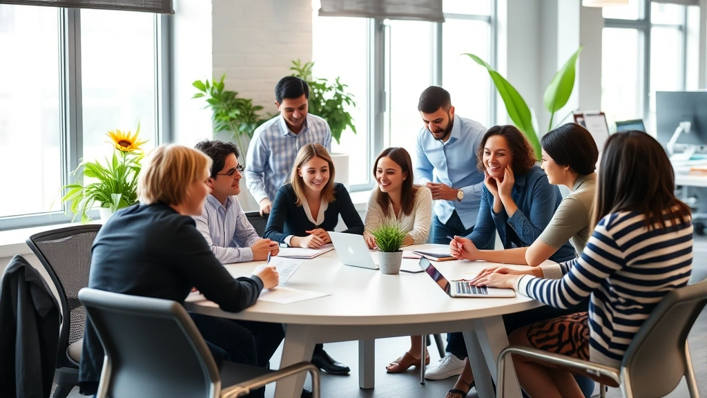 Diverse team in modern office setting collaborating at table, some seated some standing, inclusive workplace environment, nat