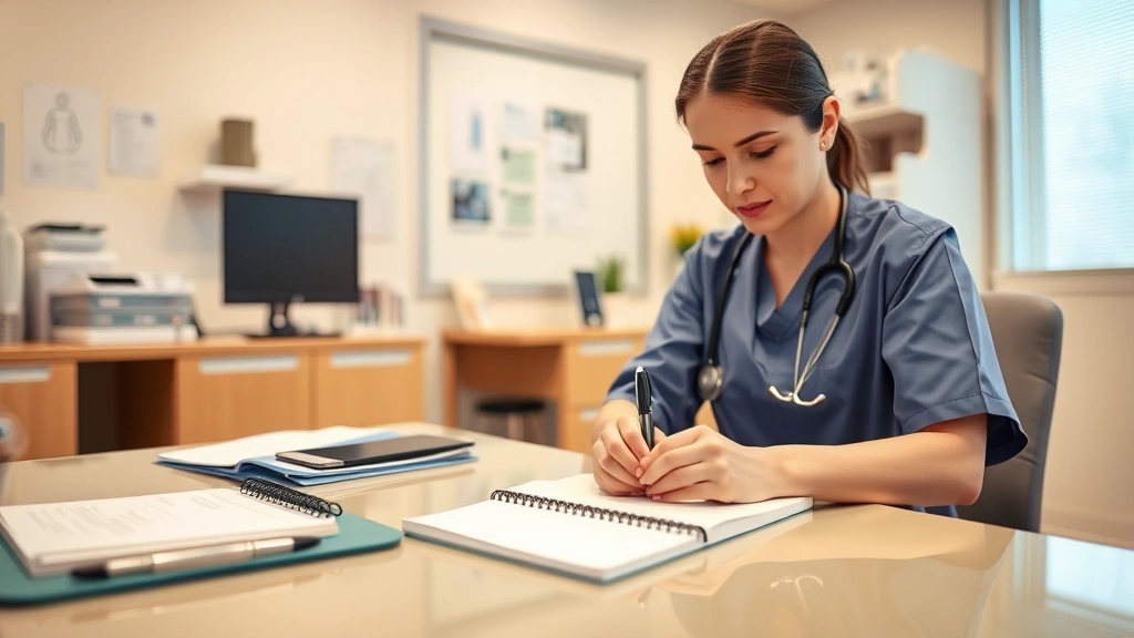 Healthcare provider in clinic office writing on notepad at desk with patient file, professional medical setting, focused clin