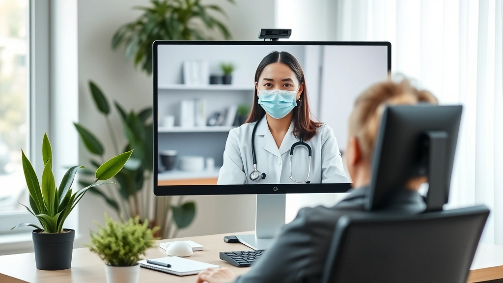 Person on video call with healthcare provider on computer screen, professional home office setting with plants and natural li