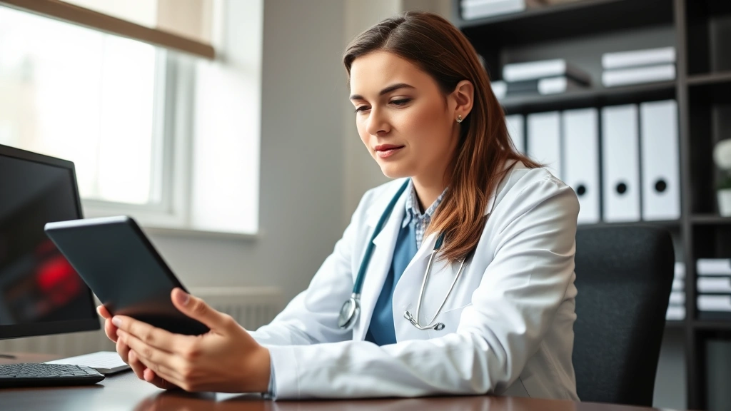 Healthcare professional in white coat with stethoscope reviewing medical notes on tablet while sitting at desk