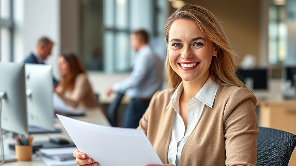 Person smiling at desk with accommodation letter in hand, professional workplace background with colleagues visible